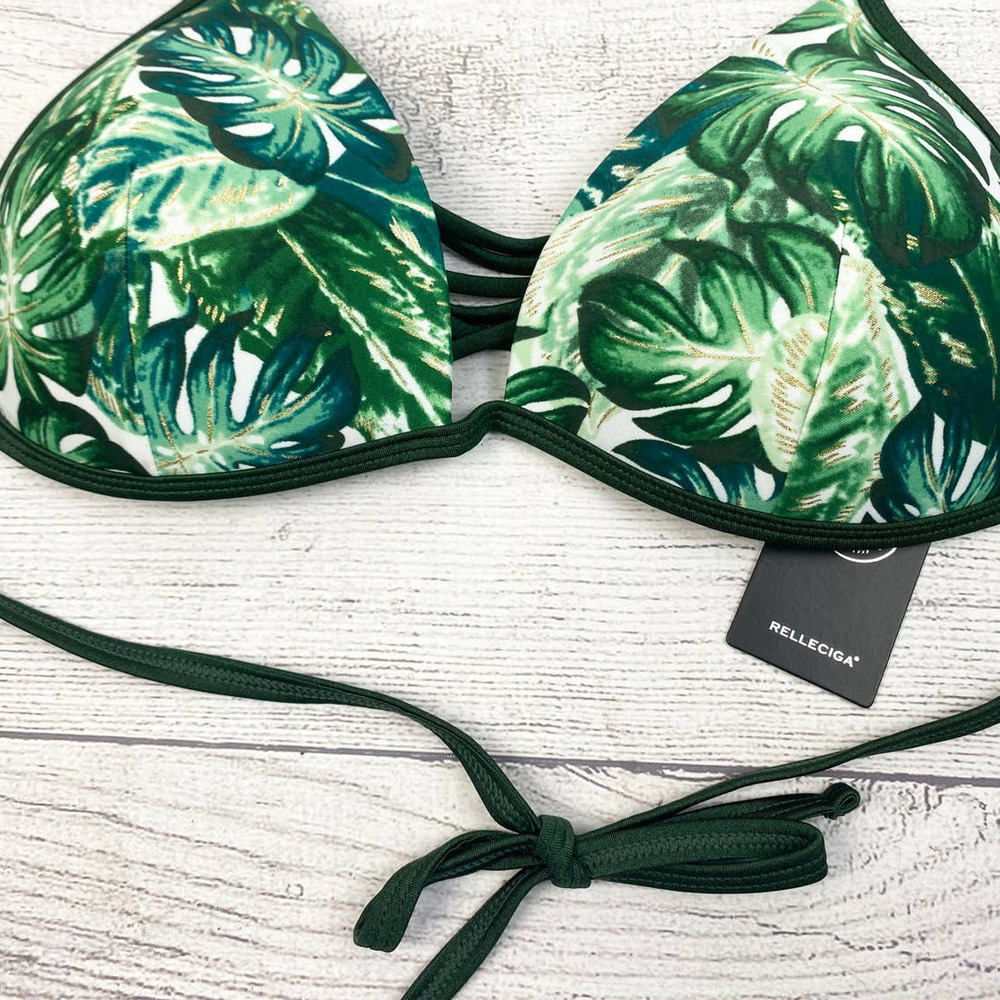 NEW RELLECIGA designed in Paris Gold Shimmer Green Leaf Tropical Bikini Top L - Picture 4 of 8